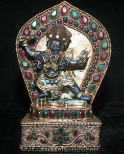 8 Tibet Buddhism Copper Gilt Lapis Lazuli Mahakala Wrathful Deity Buddha Statue
