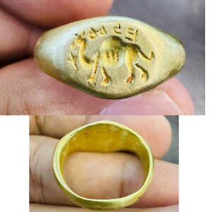 Ancient Roman Rare 20k Solid Gold Ring Signed Engraved With Camel Writing