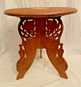 Vintage Very Rare Handcarved Wooden Table Burning Pyrography Inlays Collapsable