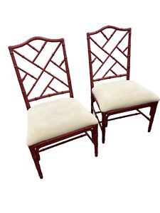 Pair Of Vintage Mid Century Chinese Chippendale Bamboo Accent Chairs