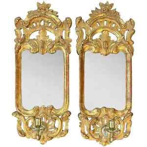 Exceptional 18th C Pair Of Gilded Girandole Mirrored Sconces Likely Swedish