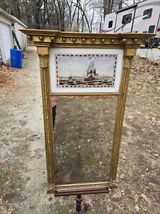 Antique Federal Gilt Wood Reverse Painted Shell Wall Mirror Ship At Sea