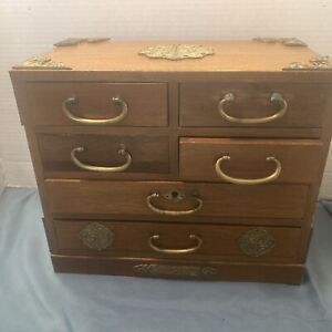 Vintage Antique Japanese Tansu Jewelry Chest Box Each Drawer Signed See Pics 