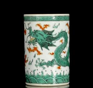 Guangxu Signed Old Chinese Green Glaze Gilding Brush Pot W Dragon Ck430