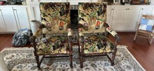 Pair Antique Hand Carved Walnut Chairs With Asian Inspired Velvet Upholstery