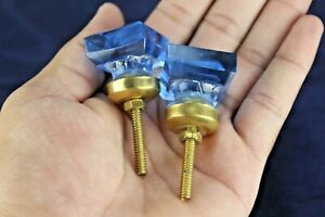 Antique Victorian Style Glass Door Knobs Brass Fitted Square Blue Crystal Set