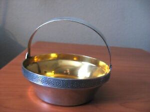 916 Silver Bonbon Candy Bowl Basket W Handle Greek Key Trim Russian Hallmark
