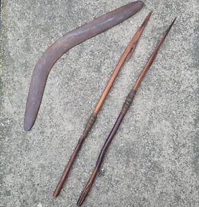 Antique Aboriginal Carved Hardwood Boomerang Spears Australian Tribal Art