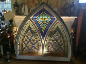 Large Antique Cased Stained Glass Arched Church Window 65 X 65 