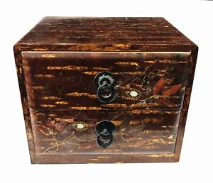 Japanese Cherry Bark Wooden Tansu Chest Sewing Box Medicine Drawers Cabinet Rare