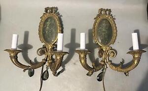 Pair Of Antique Gilt Bronze Two Light Candelabra Wall Sconces W Painted Maidens