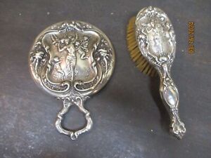 Antique Sterling Repousse Wallace Hand Mirror Brush Semi Clad Lady W Cherubs