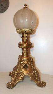 Large Antique Ornate Dore Bronze Frosted Glass Religious Church Lamp Light