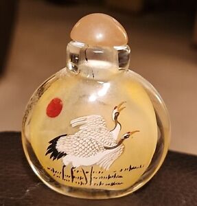 Vintage Chinese Inside Reverse Hand Painted Glass Snuff Bottle Antique Cranes