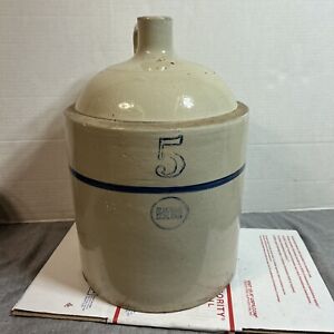 Antique White Hall Illinois Blue Band Stoneware Rare 5 Gallon Jug Crock Pottery