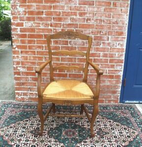 French Antique Oak Louis Xv Rush Seat Armchair Living Room Furniture
