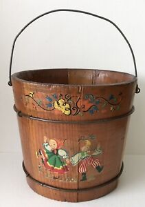 Antique Handmade Wooden Staved Wood Bucket Pail Metal Wire Bands Decals