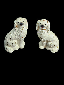 Staffordshire Dogs 6 High Marked Original White With Gold Flakes Perfect