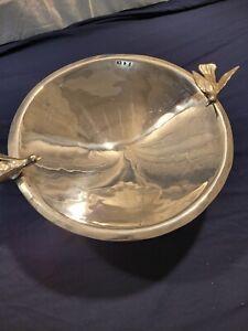 Large Silver Toned Serving Bowl With Two Forged Birds 17 In Diameter