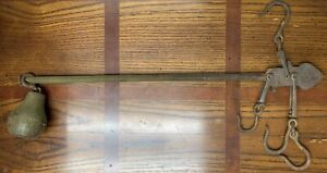 Antique Steelyard Balance W Four Iron Hooks And One Scale Pea