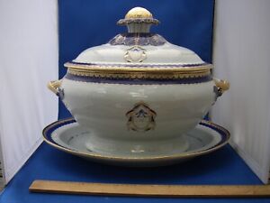 Early 19th C Chinese Export Porcelain Tureen W Underplate 13 5 8 Inch Blue Gold