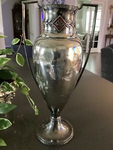 Antique Large 16 5 Silver Plate Loving Cup Trophy Double Handle Not Engraved