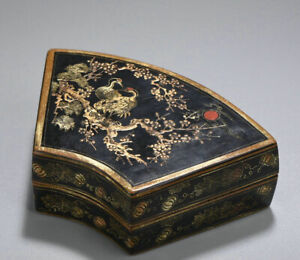 5 7 Old Chinese Wood Lacquerware Gold Pine Crane Sector Jewelry Container Box