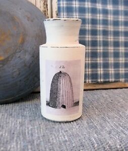 Small Antique Crock Bottle Painted White W Beehive Label