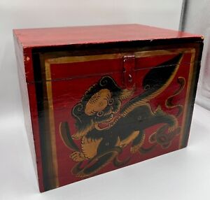 Antique Red Foo Dog Large Wooden Tea Chest Box