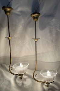Pair 2 Restored Antique Victorian Converted Gas Pendant Lamps Arts Crafts Deco