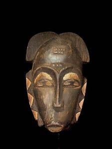 African Mask Antiques Tribal Face Vintage Wood Carved Hanging Zaouli Guro 5430