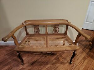 Vintage Solid Padauk Wood Lyre Back Cane Seat Child Settee 48 Wide