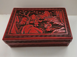 Beautiful Antique Chinese Hand Carved Cinnabar Lacquer Box Intricate Great Color