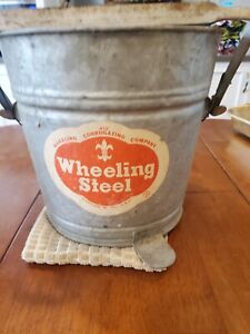 Vintage Wheeling Mop Bucket Galvanized Wood Rollers Wringer Foot Steel Pedal 412