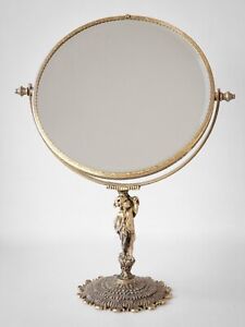 Antique French Country Style Vanity Mirror W Gold Gilded Metal Cupid Figurine