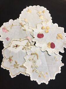 Antique Society Silk Embroidery Flowers Linen Doily Doilies