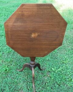 Antique Wooden Tilt Top Table With Fan Inlay Design Mahogany Stamp 131 27 H