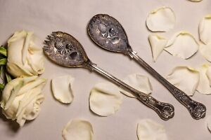Antique Salad Serving Spoon Set Silverplate Made In England Fruit Design