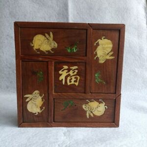 Old Chinese Wood Inlay Jade Hand Painted Fu Word Rabbit Five Open Boxes