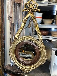 Antique Gilded Carved Wood Watch Eye Mirror Ribbon Ornate 17x33