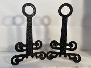 Vtg Antique Keyhole Style Cast Iron Fireplace Andiron Set Flural 11 Tall 
