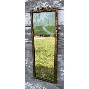 Antique 1930s Gold Gesso Beveled Mirror With Landscape Print Bow Top 27 5 X10 2