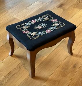Vintage Foot Stool Needlepoint Wooden French Provincial Black Floral