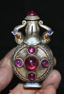 3 2 Old Chinese Silver Cloisonne Inlay Purple Gem Elephant Ear Snuff Box Bottle