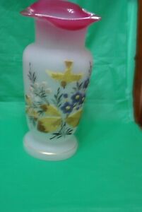Antique Hand Blown Satin Glass Vase With Coralene Flowers And Birds Circa 1910