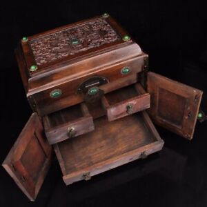 9 8 Collect Chinese Pear Wood Inlay Gem Casket Jewel Box Statues
