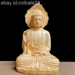 26cm 10 China Putian Cypress Wood Carving Seat Sakyamuni Amitabha Buddha Statue
