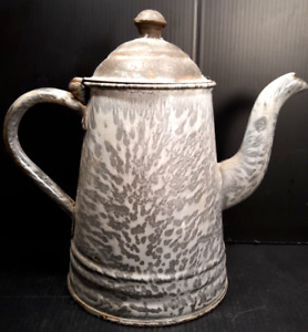Antique Granite Ware Coffee Pot Grey Mottled Cowboy Americana 1900s