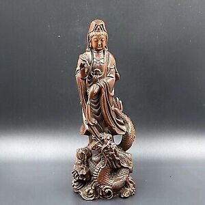 Collection China Boxwood Carving Dragon Kuan Yin Statue Sculpture Decoration Art