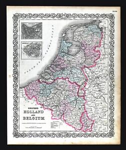 1874 Colton Map Holland Belgium Amsterdam Brussels Utrecht Ghent Anvers Bruges